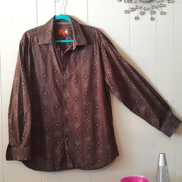 MEN'S LONG SLEEVE BROWN RETRO BUTTON UP SHIRT SIZE XL. - Picture 2 of 7